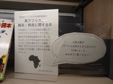 2階の展示「東アフリカ、 難民・移民に関する本」の様子