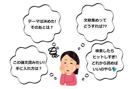 テーマは決めた！その後は？/文献集めってどうすれば??/この論文読みたい！手に入れ方は？/検索したらヒットしすぎ！どれから読めばいいのやら