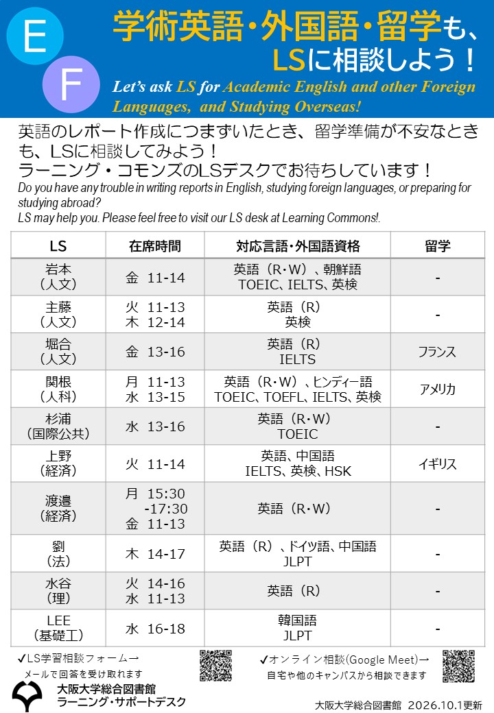 ラーニング・コモンズLSの多言語学習支援カレンダー